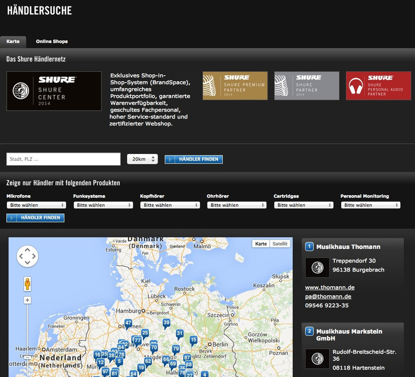 Integration von Online Shops auf den Produktseiten von www.shure.de